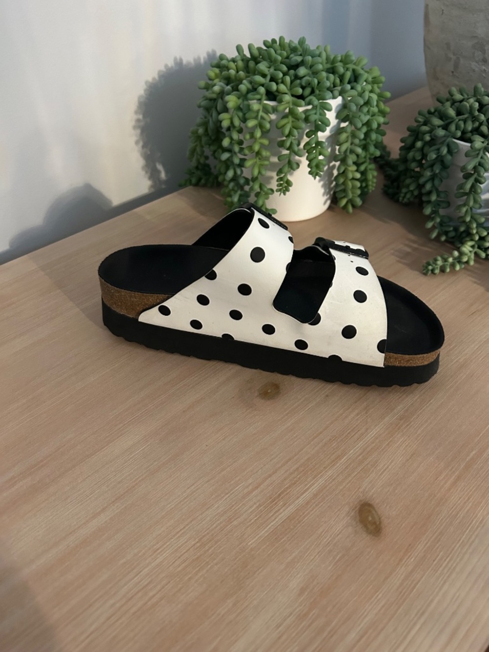 Papillio Black and White Polka Dot Double-Buckle Slide Sandals - Picture 7 of 7